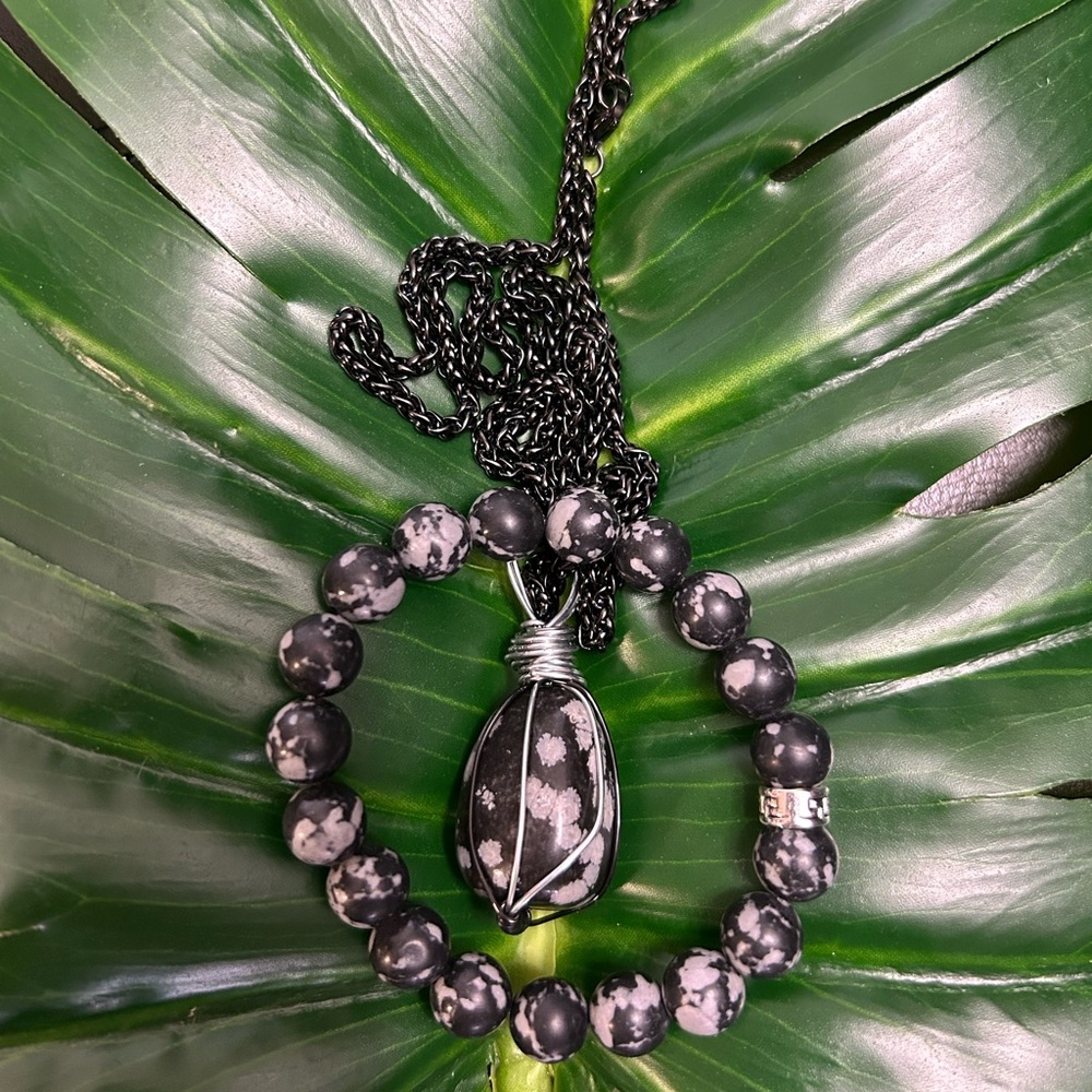 SNOWFLAKE OBSIDIAN handcrafted crystal wire wrapped pendant & bracelet set